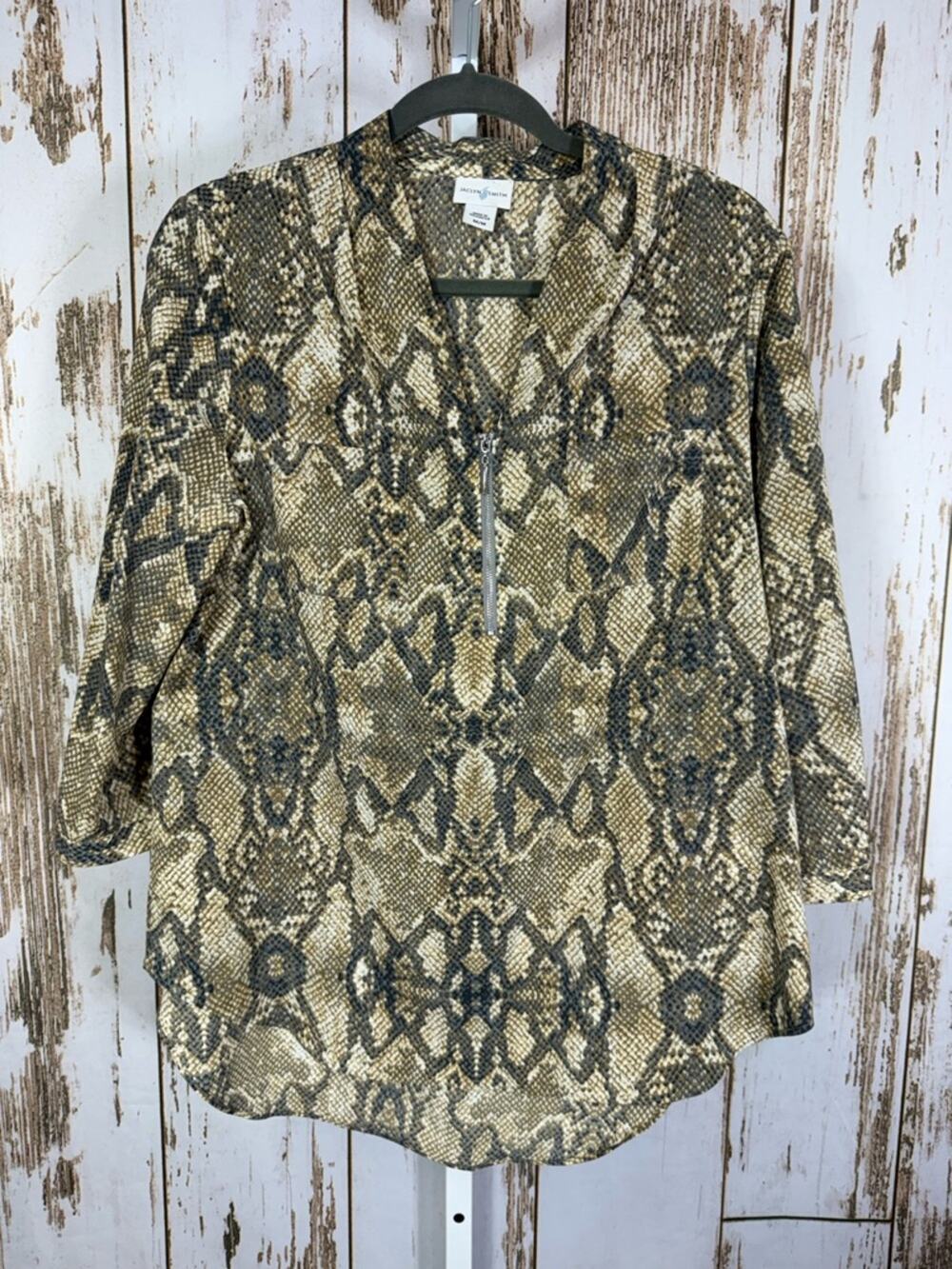 Jaclyn Smith, Snake-Print Zip Tunic in Taupe and Black. Size Medium.